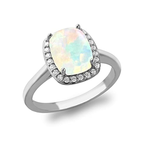 Bague halo argent rhodié anti-ternissement rectangle opale synthétique et zircon blanc brillant