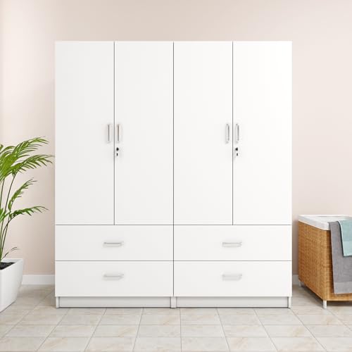 Image of VIKI Wardrobe | Wooden Almirah for 4 Door 4 Drawer with Shelves & Hanging Space Wardrobe (Frosty White - 40D x 160W x 180.8H) | 1 Year Warranty | Free Assembly