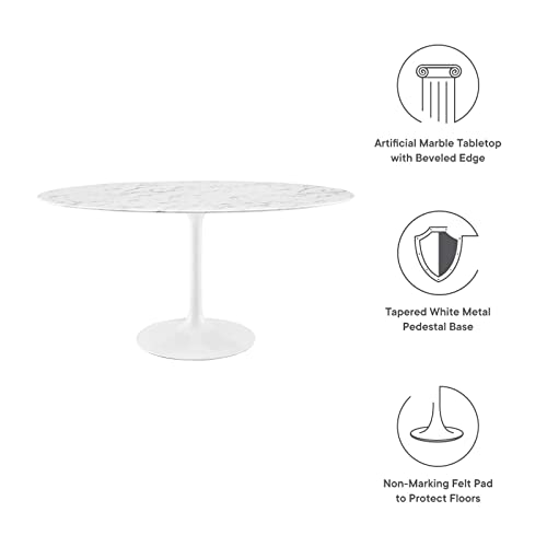Image of Modway Lippa 60 inch Oval-Shaped Mid-Century Modern Dining Table with Artificial Marble Top and White Base