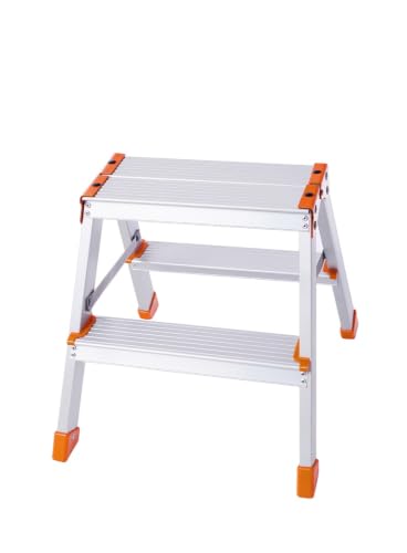 Image of ELEVATE Nova Aluminium 2-Step Ladder, Orange, 47 x 39 cm, Foldable Lightweight Household Ladder, 150 kg Load Capacity