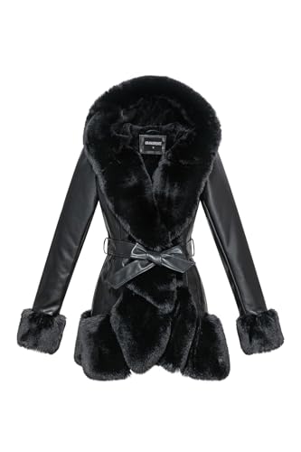 GRAN ORIENTE Women's Faux Leather Coat with Faux Fur Collar,Winter Warm Belted Mid Length Trim Jacket Fur Lined with Hood (002 Black L)