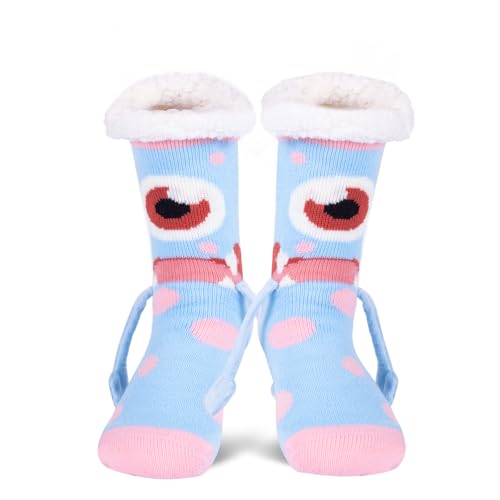 WOTENCE Damen Stoppersocken Kuschelsocken Warme Flauschige Haussocken Winter Hüttensocken Bettsocken Lustige Niedlich Socken mit ABS Sohle (Monster-Blau)