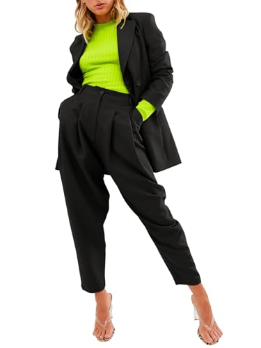 EXLURA Women's Business Blazer and High Elastic Waist Pant Suit Set Loose Fit Casual Fall Winter 2 Piece Suits for Work4