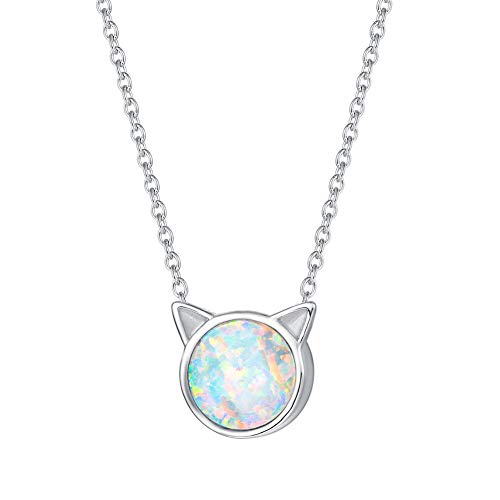 FANCIME Sterling Silver White Created Opal Cute Cat Pendant Necklace Small Dot Round Disc Fine Jewelry For Women 16+2 inch Extender