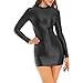 Miutii Women's Oil Glossy Mini Bodycon Dress Smooth Sheer Silky Micro Tight Pencil Dress Nightwear Black Medium