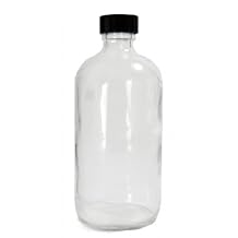 Qorpak GLC-01211 Clear Glass Ready to Clean Boston Round Bottle with 33-400 Black Polypropylene Cap and PTFE Disc, 94mm OD x 210mm Height, 32oz Capacity Case of 12
