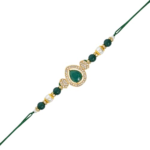 Image of I Jewels Designer Kundan Pearl Bhaiya Rakhi With Roli Chawal for Brother /Bro /Men with Rakshabandhan Card