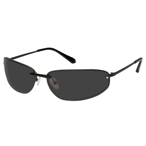 mosanana Trendy Y2K 2000s Wrap Around Sunglasses for Women Futuristic Cool Retro Vintage Rave Cute Fashion Modern Rimless Oval Rectangle Cat Eye Glasses Black MS52584