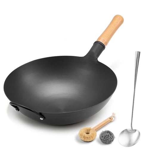 Image of WANGYUANJI 14.2 Inch Round Bottom Carbon Steel Wok, Nitrided Iron Chinese Stir Fry Pan for Gas Wok Burner, Wok Ring Needed for Flat Gas Grates, Wooden Handle