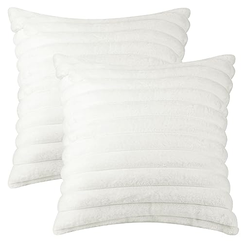 Uxcell 2 Pcs Double-Sided Plush Faux Fur Throw Pillow Covers Soft Fluffy Striped Pillow Covers for Home Decor Beige 45 x 45 cm