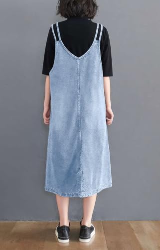 Image of ebossy Women's Sleeveless V Neck Denim Overall Jumper Dress Casual Loose Double Spaghetti Straps Midi Jean Dress