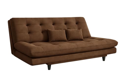 Image of 3-Seater Velvet Sofa Cum Bed | Tufted Convertible Sleeper Sofa | Plush Cushioned Seating | Space-Saving Design for Living Room, Bedroom & Office | Brown