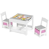 COSTWAY Kids Table Chair Set, Double Side Tabletop Table and 2Pcs Chairs with Storage Box, Activity Desk Nursery Wooden Multifunction Furniture (Grey+Pink)