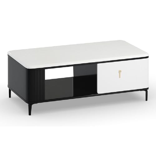 Image of Royaloak Milan Italian Marble Center Table | Italian Art | Metal Legs | Bottom Shelf | High Gloss Reflective Finish | Telescopic Channel | Drawer | Center Table for Living Room