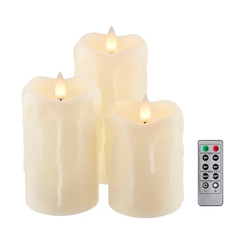 Image of Flameless Pillar Candles Flickering with Remote Timer, Battery Operated LED Candles Up to 400 Hours, 3D Moving Flame Real Wax Candles. (Ivory with Dripping Tear)