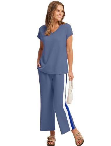 Image of Saloogoe Two Piece Sets for Women Summer Outfits Lounge Sets V Neck Tops Wide Leg Pants Woman Vacation Travel Outfits