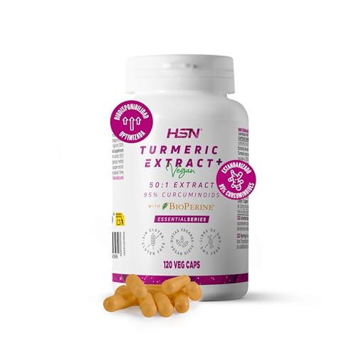 HSN Extracto de Cúrcuma (95% de Curcuminoides) | 120 Cápsulas Vegetales | Con BioPerine® | 50x Veces Más Concentrado (equivalencia 32g de Raíz Curcuma longa) | No-GMO, Vegano, Sin Gluten