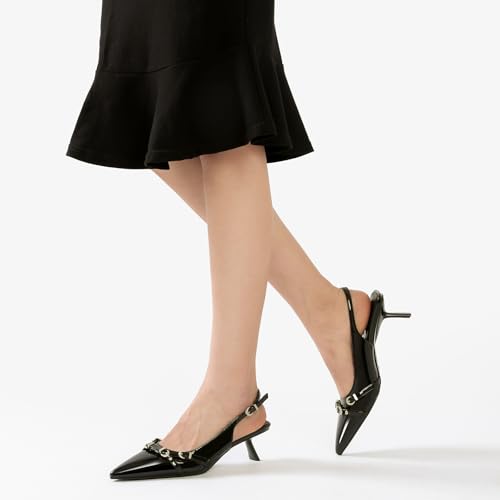 Image of Mostrin Kitten Heels for Women Pointed Toe Pumps Patent Leather Low Heel Slingback Heels with Buckle Dress Shoes for Dating Party Working