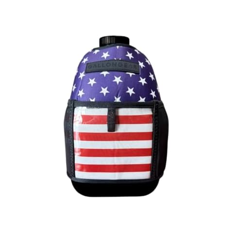 Gallon Gear 1 Gallon Large Water Bottle with Cover - BPA Free Plastic, Reusable Water Jug and Neoprene Cooling & Insulated Carrier with Storage Pockets (Black w/American Flag Cover) Cover