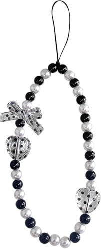 JOIUXNER Beaded Phone Lanyard Wrist Strap,Classic Black and White Series Pearl Phone Charm Chain String Hanging Cord for Women Girl