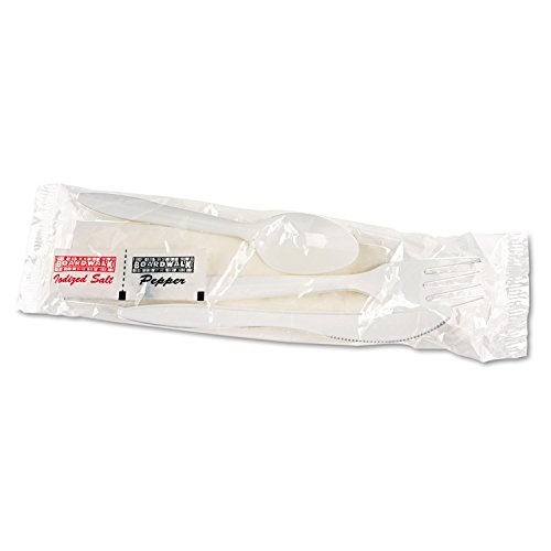 Boardwalk 6KITMW Cutlery Kit, Plastic Fork/spoon/knife/salt/pepper/napkin, White, 250/carton