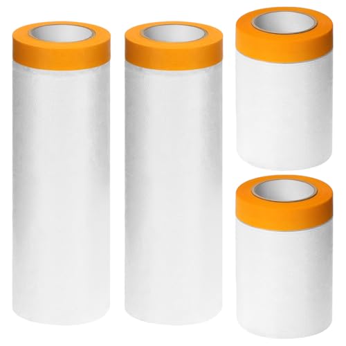QWORK® 4 Rollos Película Protectora de Plástico contra el Polvo, 2 tamaños 55cmx20m/150cmx20m Película de Enmascarar con Cinta Autoadhesiva, para Pintar, Decorar, Cubrir Muebles
