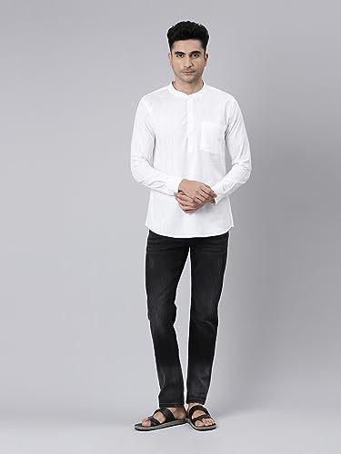 Image of KRYPTIC Men's Full Sleeve Regular Fit Short Kurta in Premium Pure Cotton with Patch Pocket and Mandarin Collar - Perfect Blend of Style and Comfort