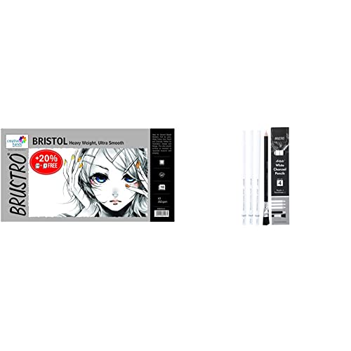 Image of Brustro Ultra Smooth Bristol A3 Size Sheets, 250 GSM (Pack of 10 + 2 Free Sheets) & Brustro Artists' White Charcoal Pencil Set of 3 + 1 Pencil Eraser