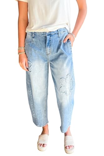 Urchics Womens Casual Pants Beau Blue Flower Patched Light Wash Cropped High Waist Jeans