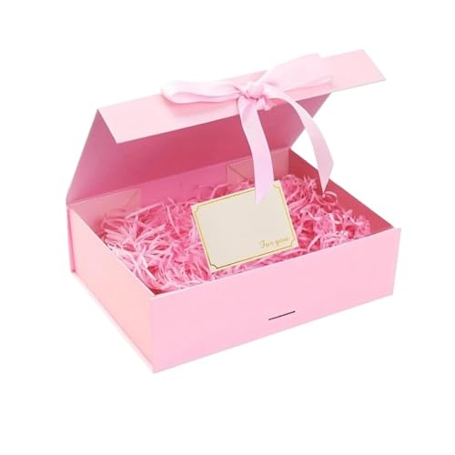 高級マグネット式ギフトボックス(蓋付き)リボン付き ラフィットグラス グリーティングカード バレンタインデーギフト包装箱(Pink,25x23x9.5cm)