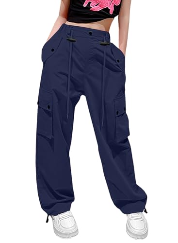 Image of HENGAO Girls Cargo Pants Parachute Casual Jogger Y2K 5-14 Years | Kids Baggy pants Parachute, Drawstring, with Pockets, Elastic High Waist, Loose Trousers Streetwear