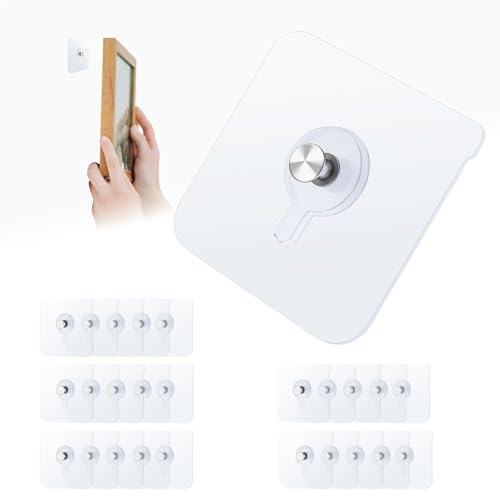 25 Pack No Drill Picture Hangers Without Nails 22lb Heavy Duty Sticky Hooks -Transparent Waterproof Wall Hangers, Removable Without Damage for Pictures/Shelves on Smooth Surfaces