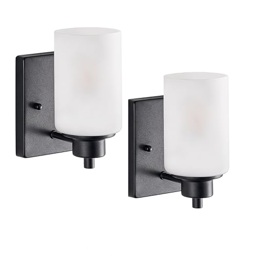 Image of 2-Pack Bath Vanity Light Fixture 1-Light, Indoor Farmhouse Bathroom Wall Sconces Lights for Living Room, Porch, Bedside, Black Finish with White Frosted Glass Shades Wall Mounted Lights