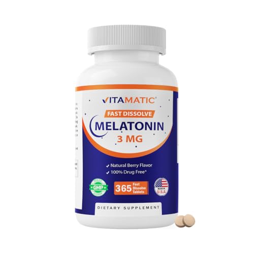 Vitamatic Melatonin 3mg Tablets | Vegetarian Non-GMO Gluten Free | 1 Year Supply | Natural Berry Flavor - 365 Tablets