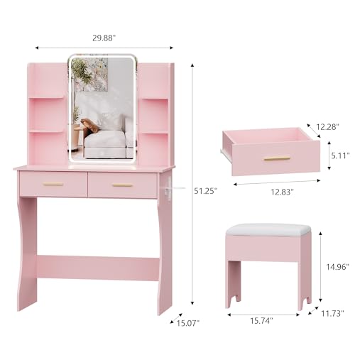 Image of Small Vanity Desk with Mirror and Lights, Makeup Vanity with LED Lights, Pink Vanity Mirror with Lighted Desk and Chair, 3 Lighting Adjustable Compact Dressing Table with Mirror for Women, Girls