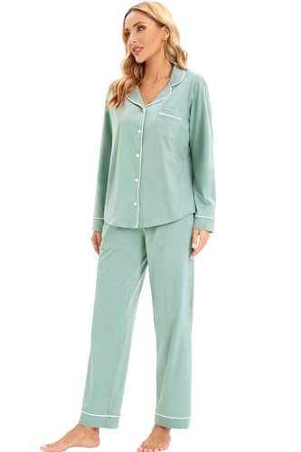 Image of LUBOT 100% Cotton Pajamas for Women Pajama Set Soft 2 Piece Sleepwear PJ Set Long Sleeve Knit Button Cozy Loungewear XS-XXL