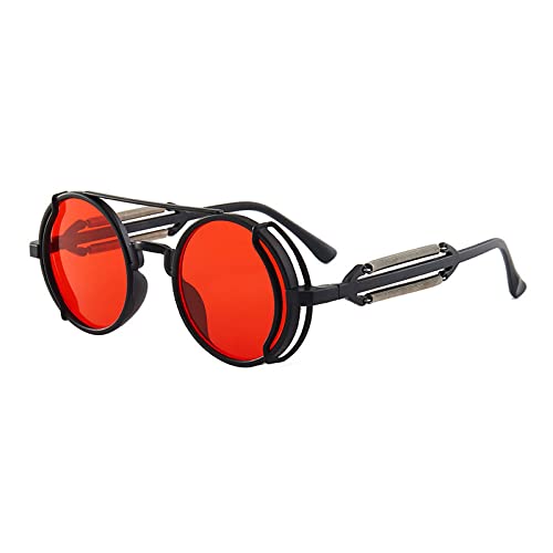 QWKLNRA Lunettes De Soleil Femme,Lunettes De Soleil Mode Style Punk Classique Ronde Cadre Noir Cadre en Métal Rouge Lunettes Décoration Femmes Hommes Cadeau Rétro Lunettes De Soleil Cover