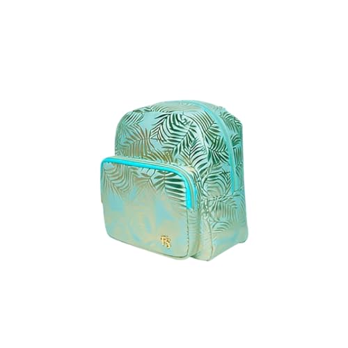 Mochila Feminina Brilhosa com Estampa de Folhas, 23,5 x 20 x 13,5 cm, Vinil Têxtil, Verde