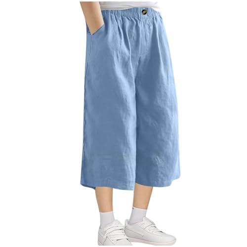 Boys Cotton Linen Capri Pants Summer Beach Casual Wide Leg Pants Loose Cropped Trousers with Pockets