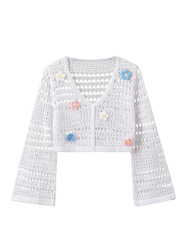 SHENHE Girl's 3D Floral Crochet Sweater V Neck Hollow Out Button Front Long Sleeve Cute Cardigan