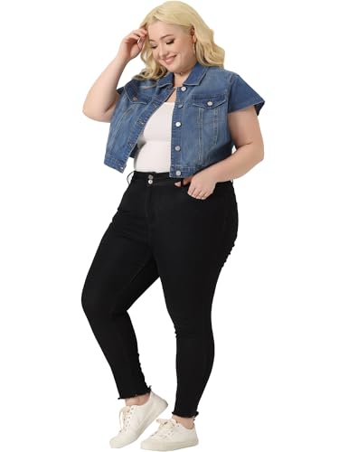 Agnes Orinda Plus Size Short Sleeve Denim Jackets for Women Button Washed Cropped Jean Jacket3