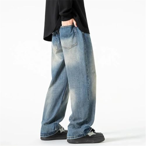 Men Washed Jeans Street Trousers Solid Color Wide Leg Pant Button Streetwear Denim Pants Black 4XL4