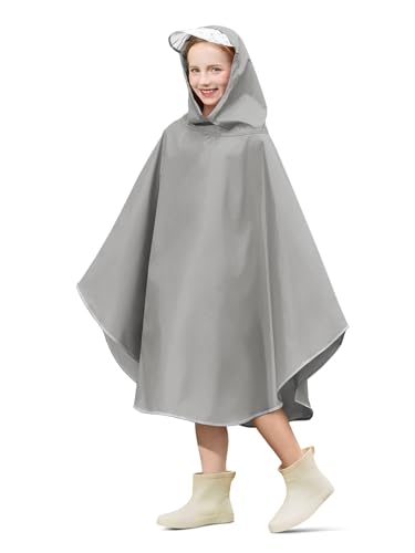 Image of Haloumoning Kids Hooded Rain Poncho Girls Waterproof Lightweight Reusable Raincoat Jacket 4-14 Years