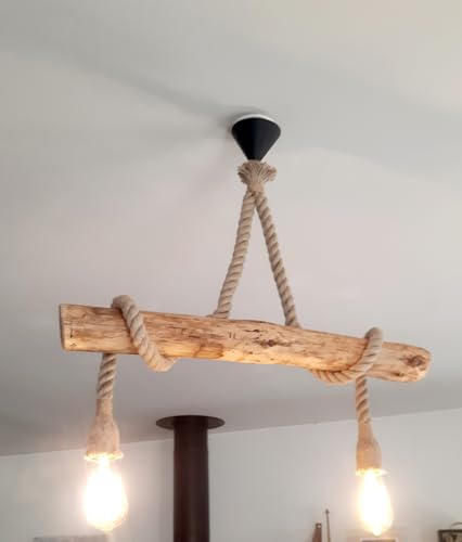 Solenzo - Lustre suspension ATLANTIQUE en bois naturel flotté 2 ampoules - style bord de mer - E27