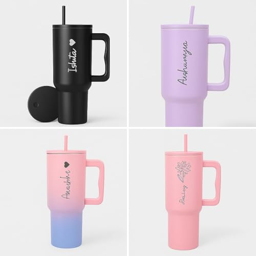 Image of VOLITO Personalised 1200ml Tumbler with Straw & Handle - Custom Name Stainless Steel Double Wall Insulated Cup - Leakproof Sipper Mug for Hot & Cold Drinks - Travel Coffee & Water Tumbler (Black)