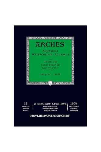 Arches - Papel de acuarela, bloc 12 hojas engomado 1 lado, grano fino,...