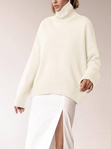 Image of YKR Women's Turtleneck Sweater Chunky Long Sleeve Knitted Pullover High Low Hem Sweater Jumper Top White XS