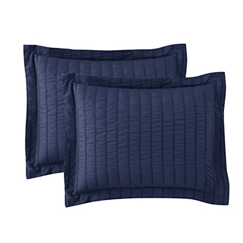 Image of Queen Comforter Set 8 Piece Bed in a Bag with Bed Skirt, Fitted Sheet, Flat Sheet, 2 Pillowcases, 2 Pillow Shams, Queen, Seersucker Navy
