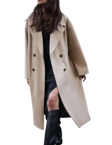 Gihuo Women's Notched Collar Wool Blend Pea Coat Winter Double Breasted Trench Coat Long Oversized Button Down Overcoats - Main Image