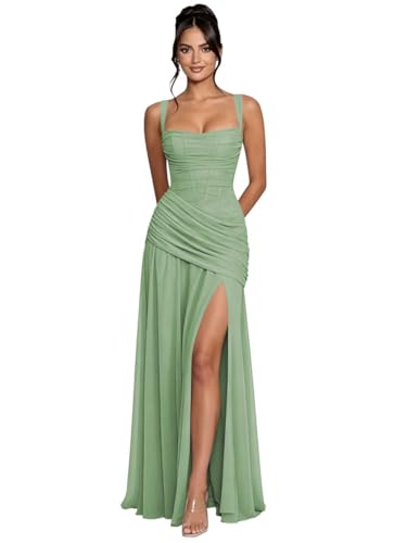 Vvecz Long Bridesmaid Dresses with Slit Corset Ruched Chiffon A Line Sage Green Prom Dresses for Women Size 8